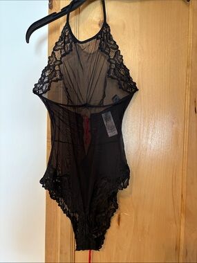 Guess Black Sheer Lace Bodysuit with Halter Detail